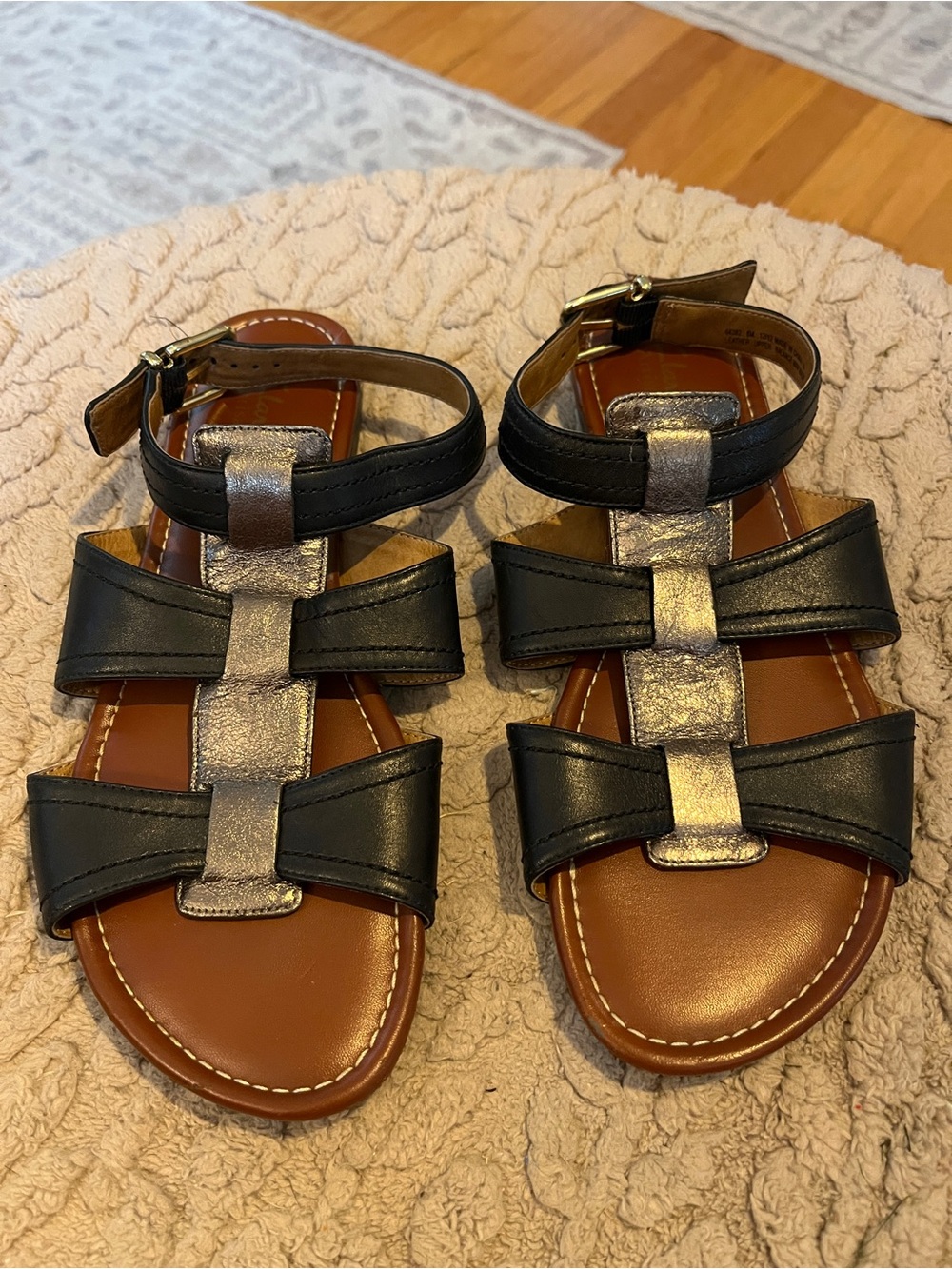 Clarks Black and Metallic Silver T-Strap Leather Sandals